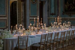 Destination wedding Madrid reception design with rectangular tables